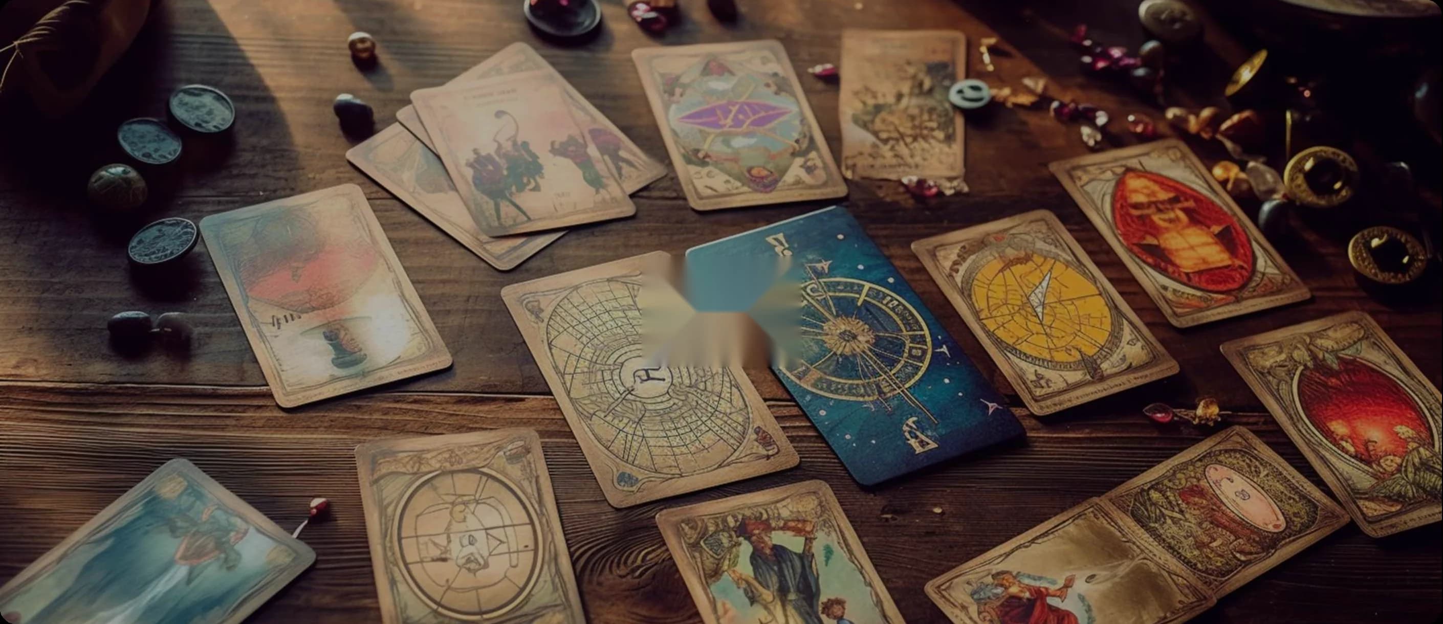 Tarot cards and crystals spread on a wooden table