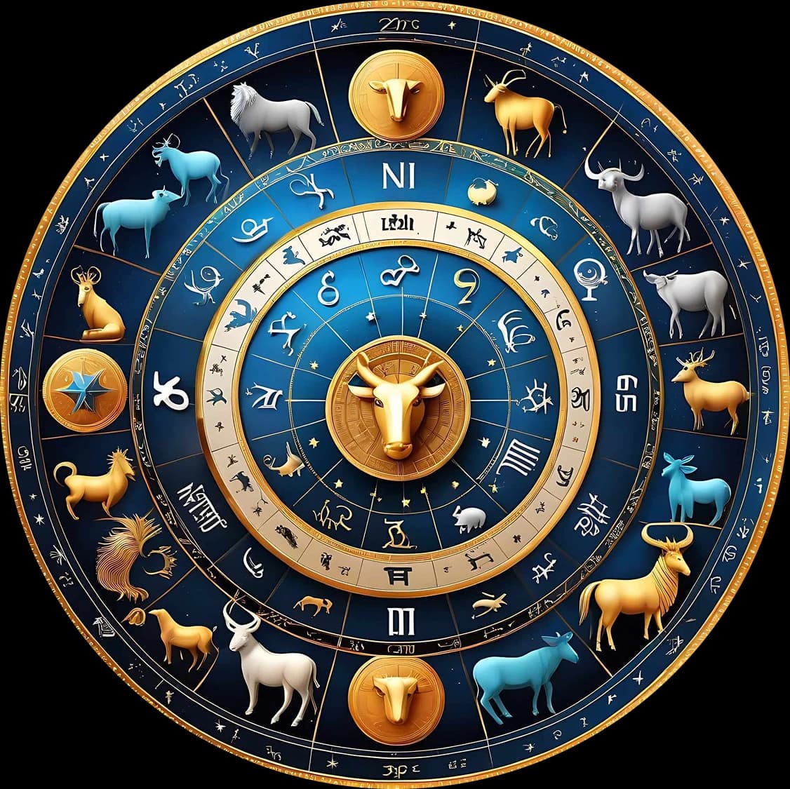 Golden zodiac wheel showing the twelve signs and their animals