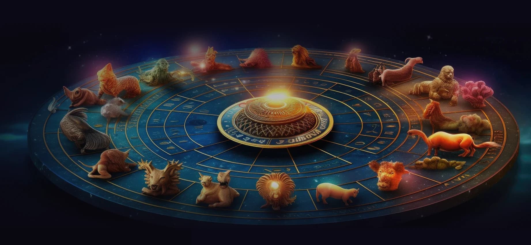 Zodiac board with the twelve sign animals arranged around a glowing centre