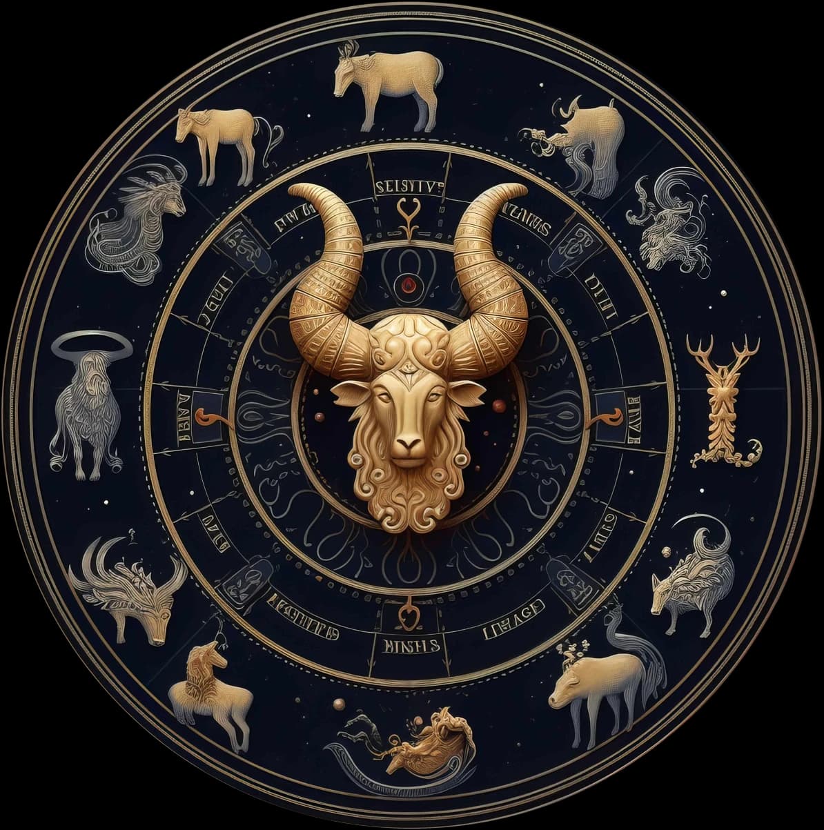Golden zodiac wheel with a horned ram at its centre
